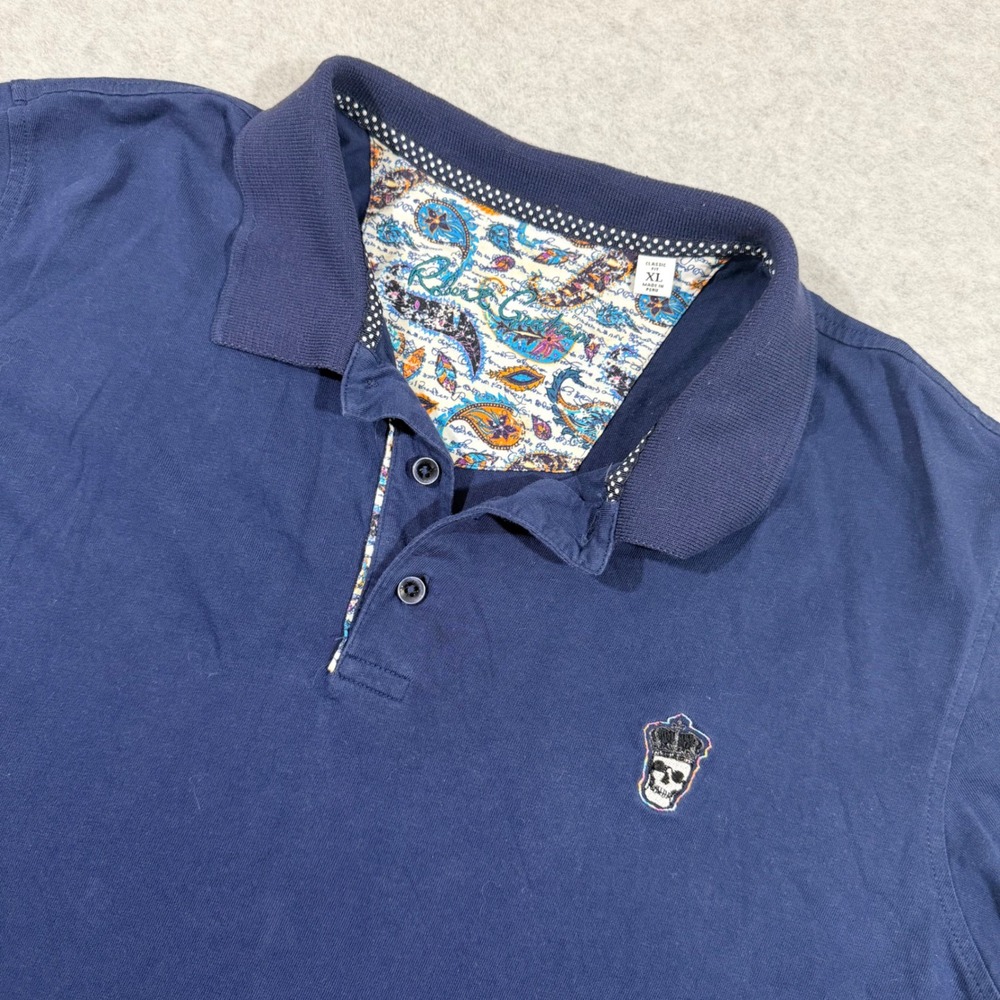 Robert Graham Polo Shirt Mens XL Navy Crowned Skull Paisley Trim Classic Fit